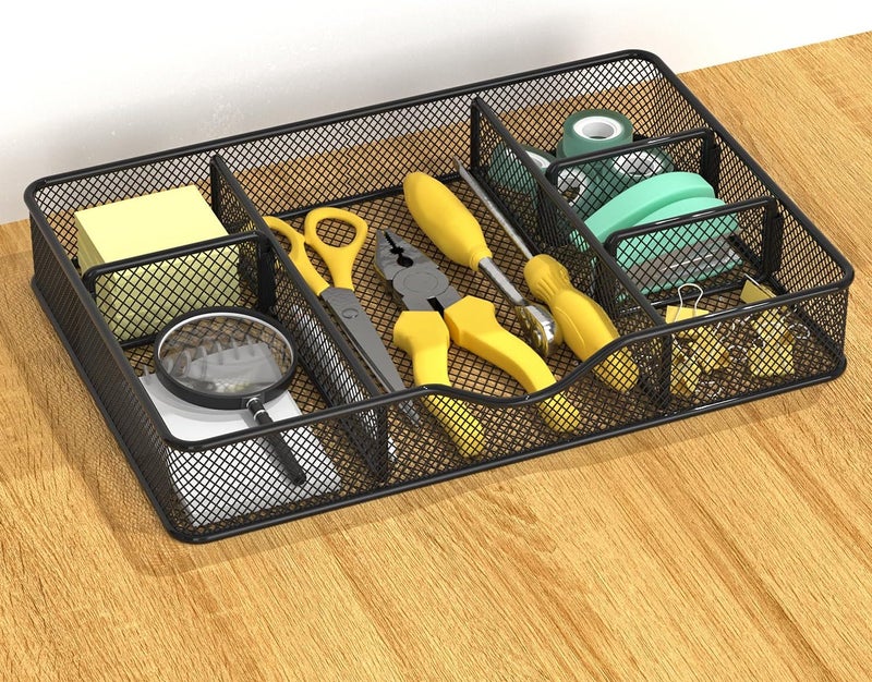 VyGrow Desk Drawer Organizer Tray, Metal Mesh Drawer Organizers Office, 6 Adjustable Compartment, Desk Organizer Tray for Home Office 12.87L x 8.73D x 1.96H inch, Black, 1PC Medium - Image 5